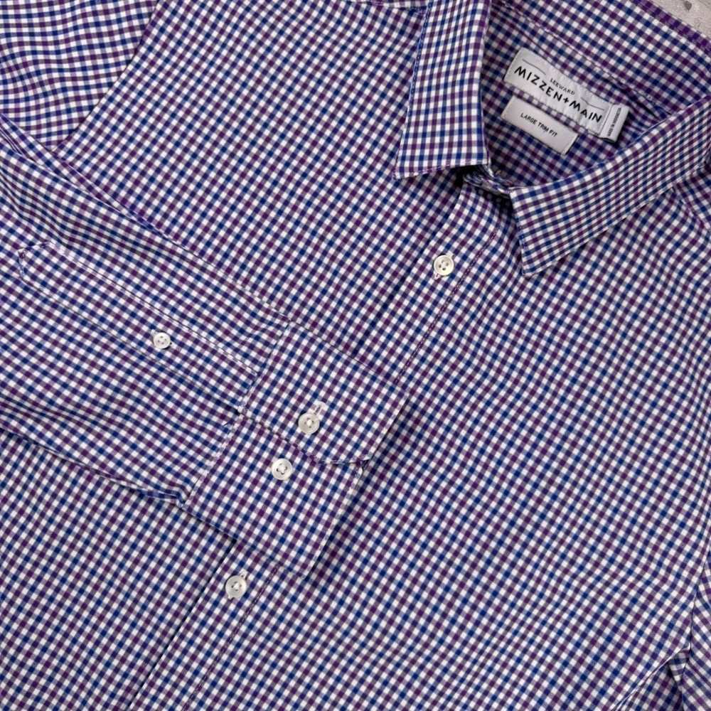 Mizzen+Main Leeward Trim Fit Shirt Mens Large Purple Blue Gingham EUC